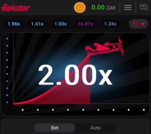 Interface do jogo Aviator mostrando multiplicador 2.00x com avião ascendente